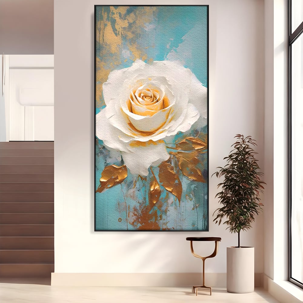 Tablou canvas cu tablou canvas cu trandafir alb, in rama de aluminiu negru